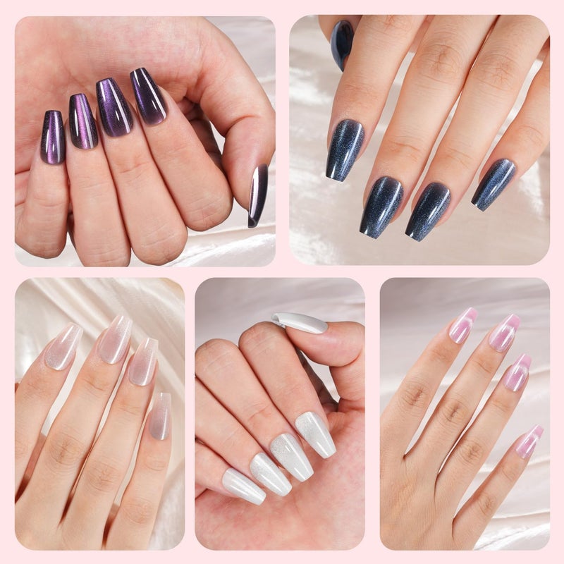 Plauva Cat Eye Press on Nails, 300Pcs Short Coffin Cat Eye Nail Tips, Glossy Glitter Soft Gel Fake Nails for Women and Girls Stick On Nails in 15 Sizes - Image 4